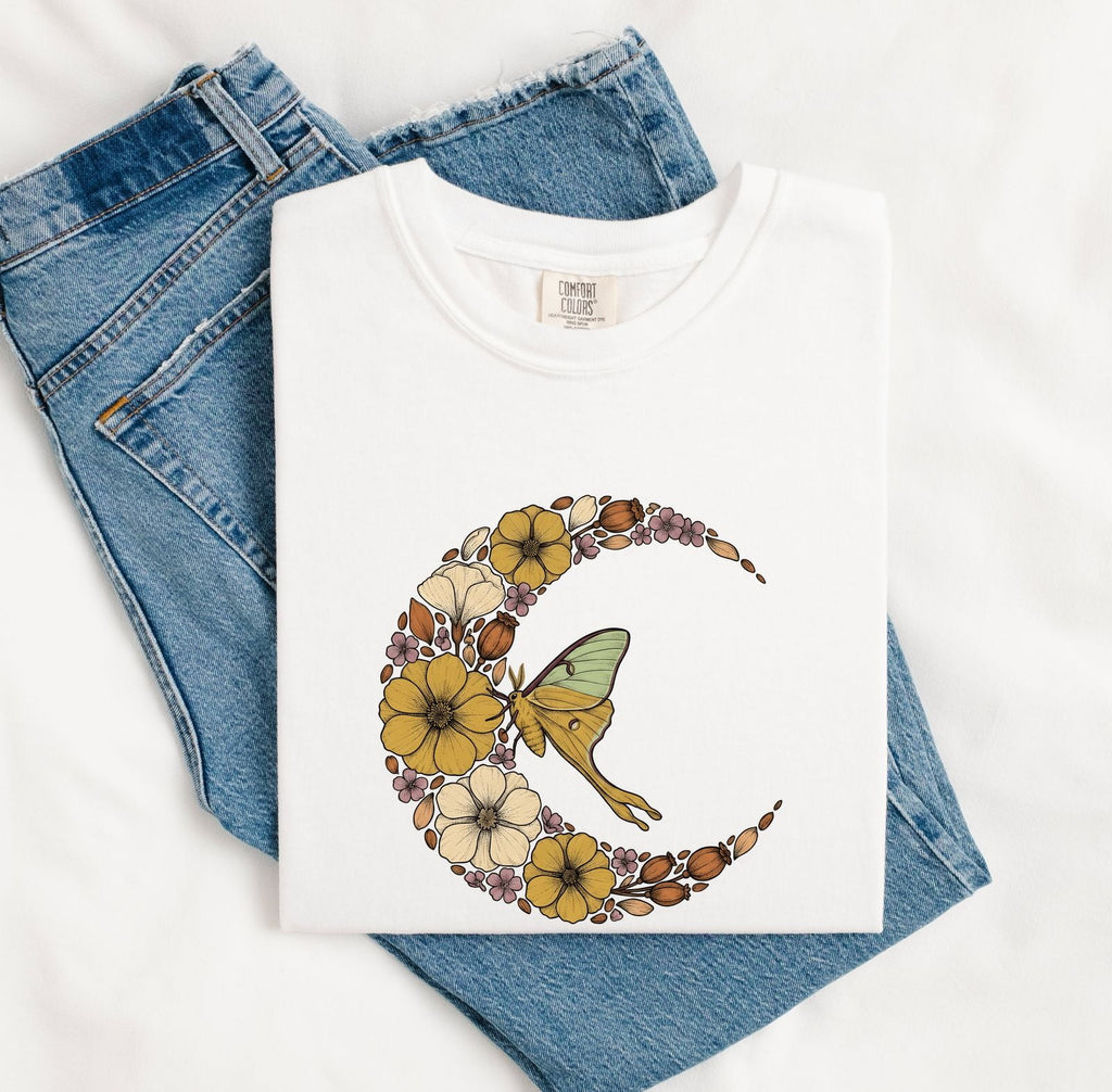 Floral Luna Moth Shirt – Botanical Crescent Moon Graphic Tee