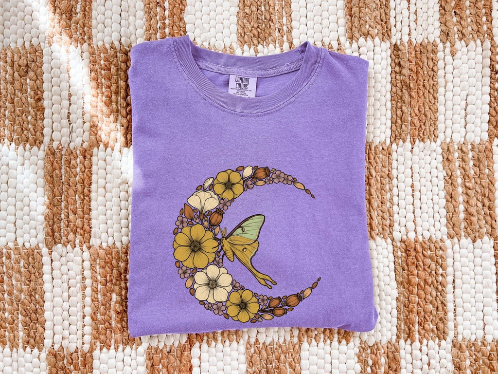 Floral Luna Moth Shirt – Botanical Crescent Moon Graphic Tee