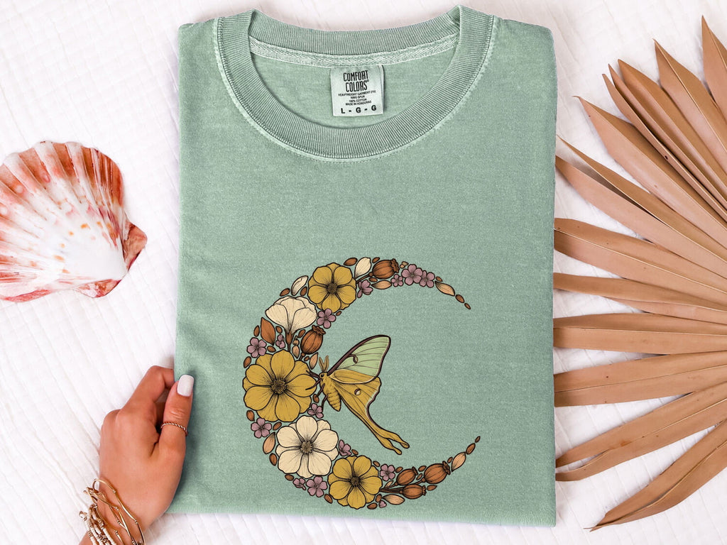Floral Luna Moth Shirt – Botanical Crescent Moon Graphic Tee
