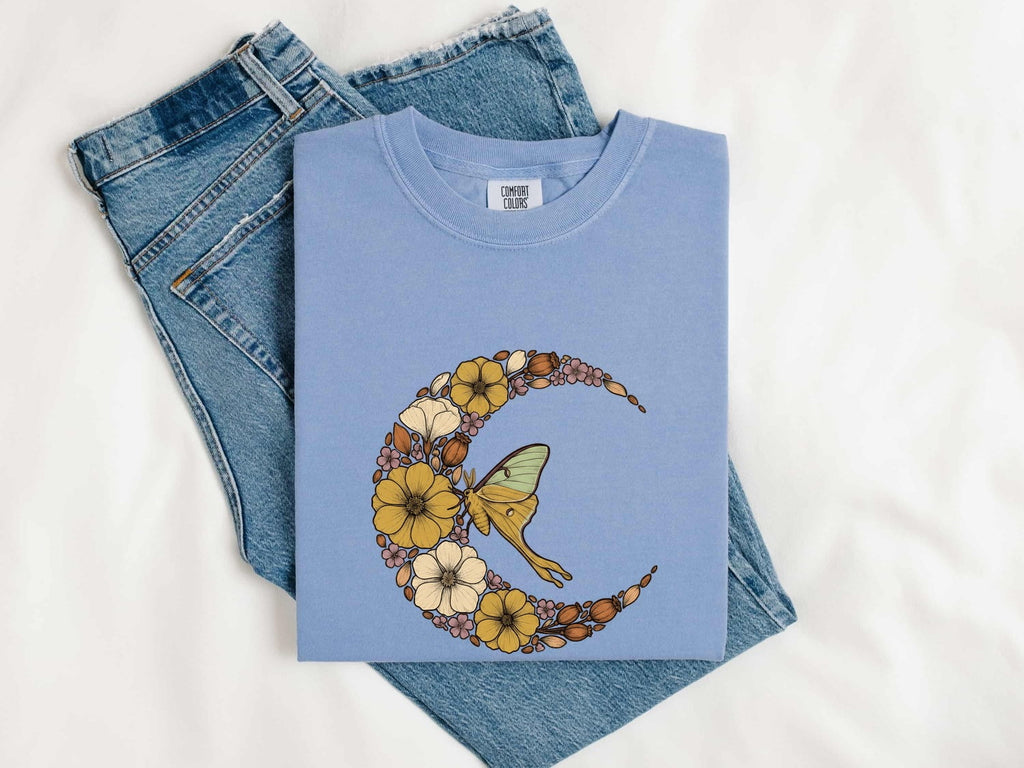 Floral Luna Moth Shirt – Botanical Crescent Moon Graphic Tee