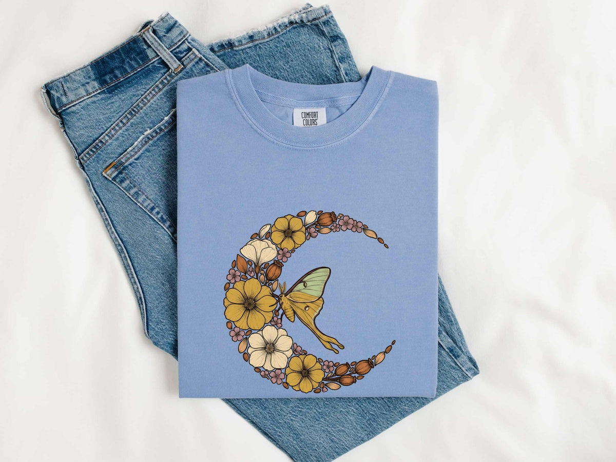 Floral Luna Moth Shirt – Botanical Crescent Moon Graphic Tee