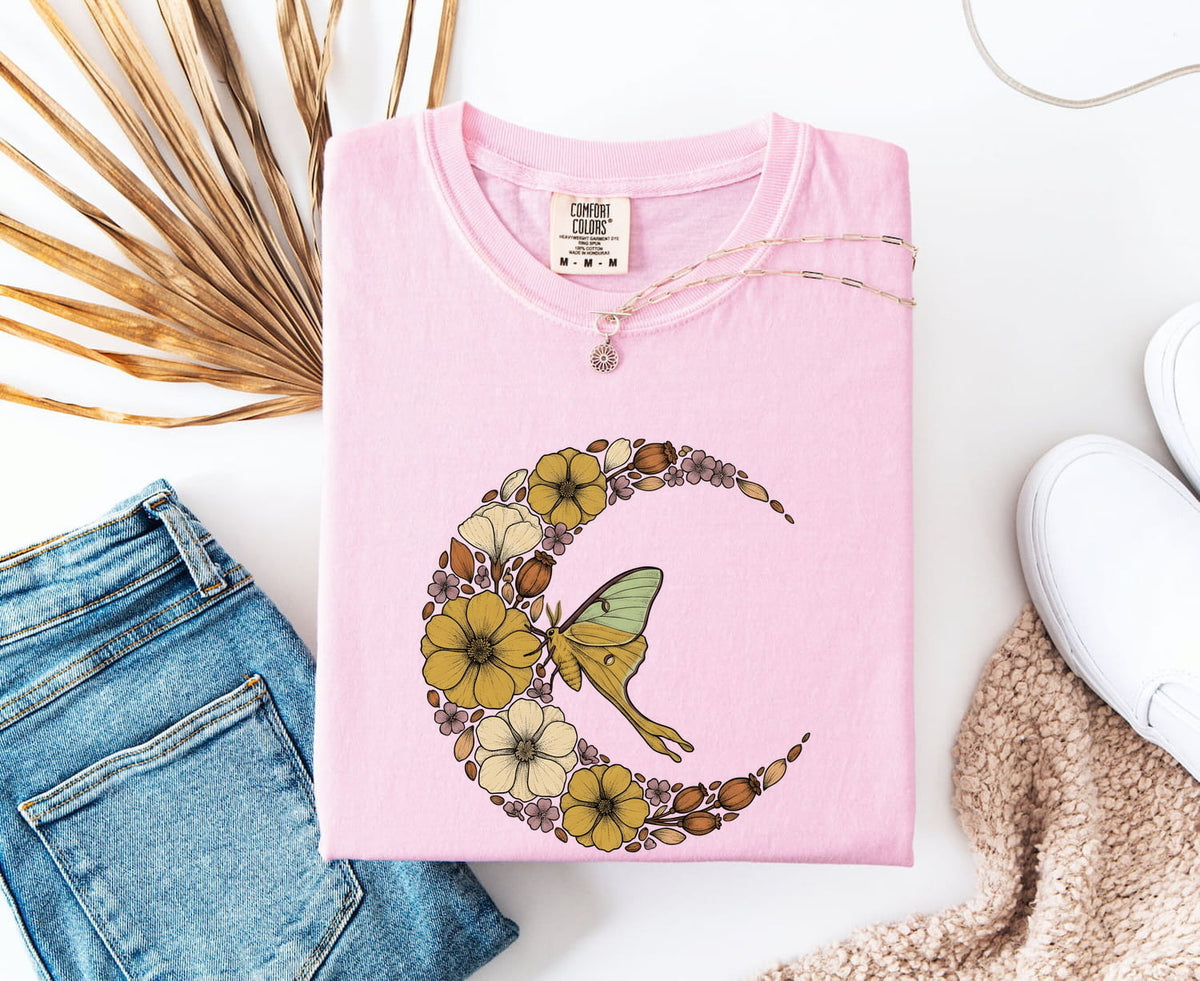 Floral Luna Moth Shirt – Botanical Crescent Moon Graphic Tee