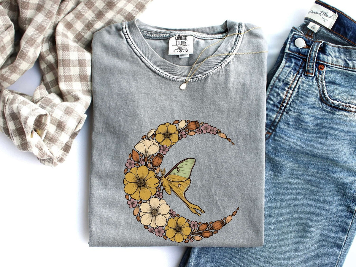 Floral Luna Moth Shirt – Botanical Crescent Moon Graphic Tee