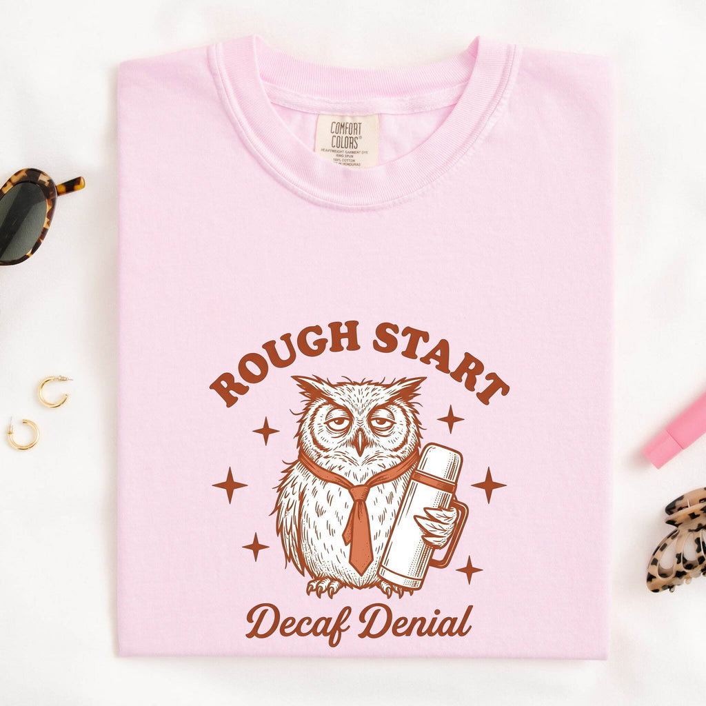 Funny Coffee Owl Shirt – Rough Start Decaf Denial Tee