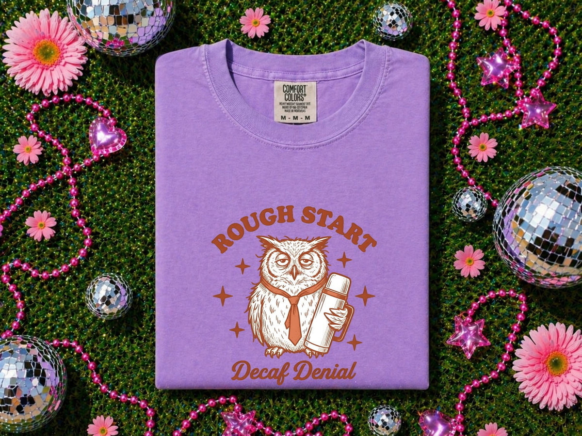 Funny Coffee Owl Shirt – Rough Start Decaf Denial Tee
