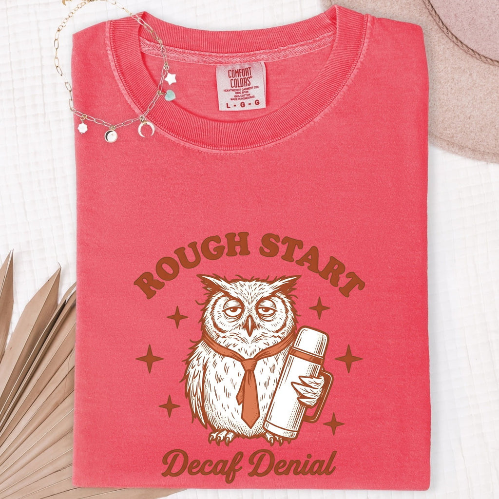 Funny Coffee Owl Shirt – Rough Start Decaf Denial Tee