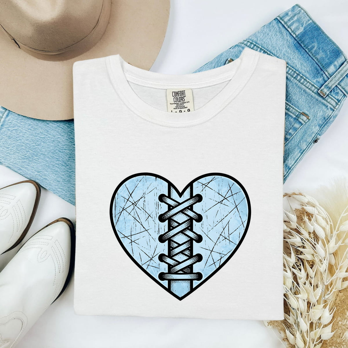 Stitched Heart Shirt – Distressed Blue Heart Graphic Tee