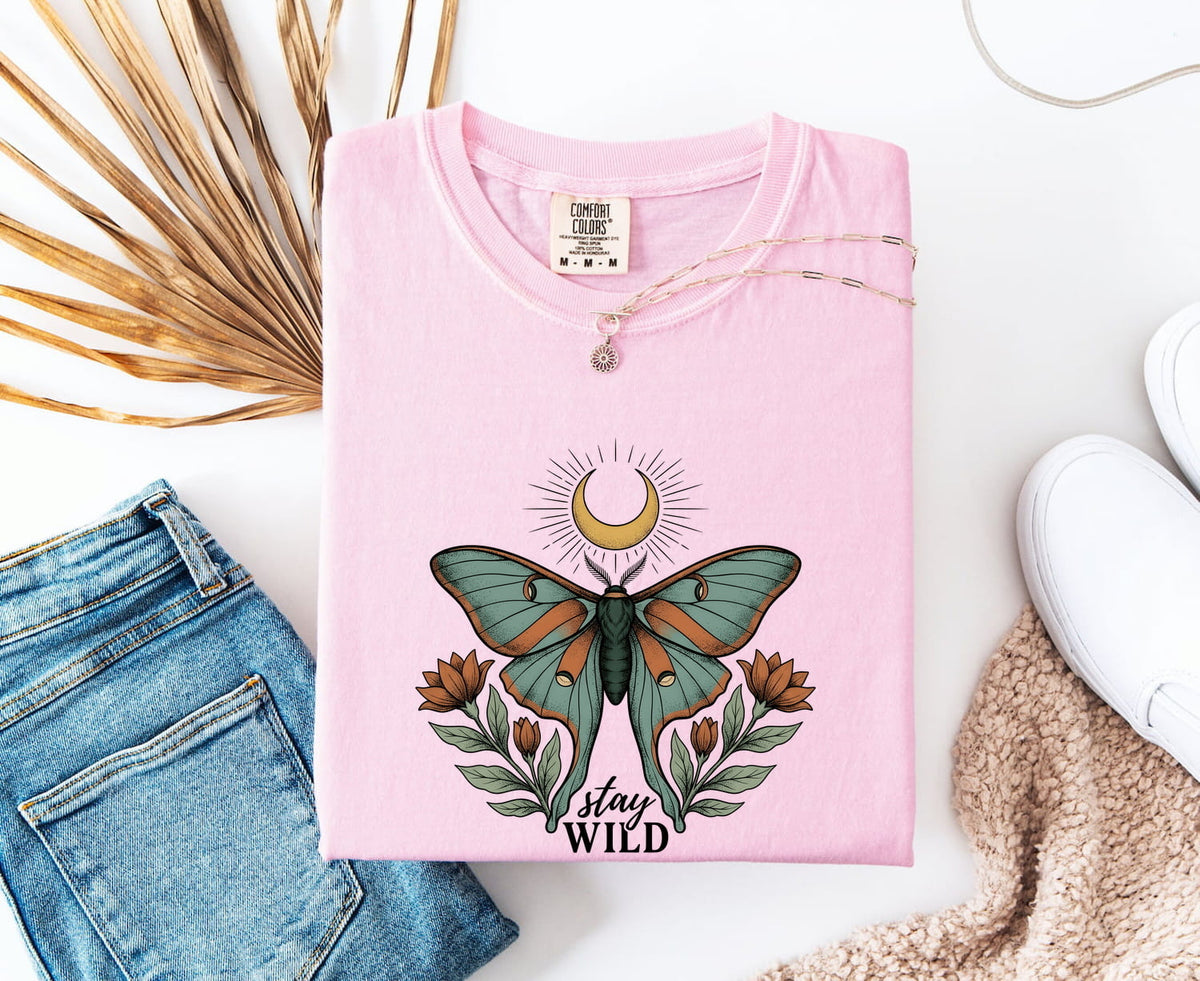 Celestial Moth Stay Wild Shirt – Boho Botanical Graphic Tee