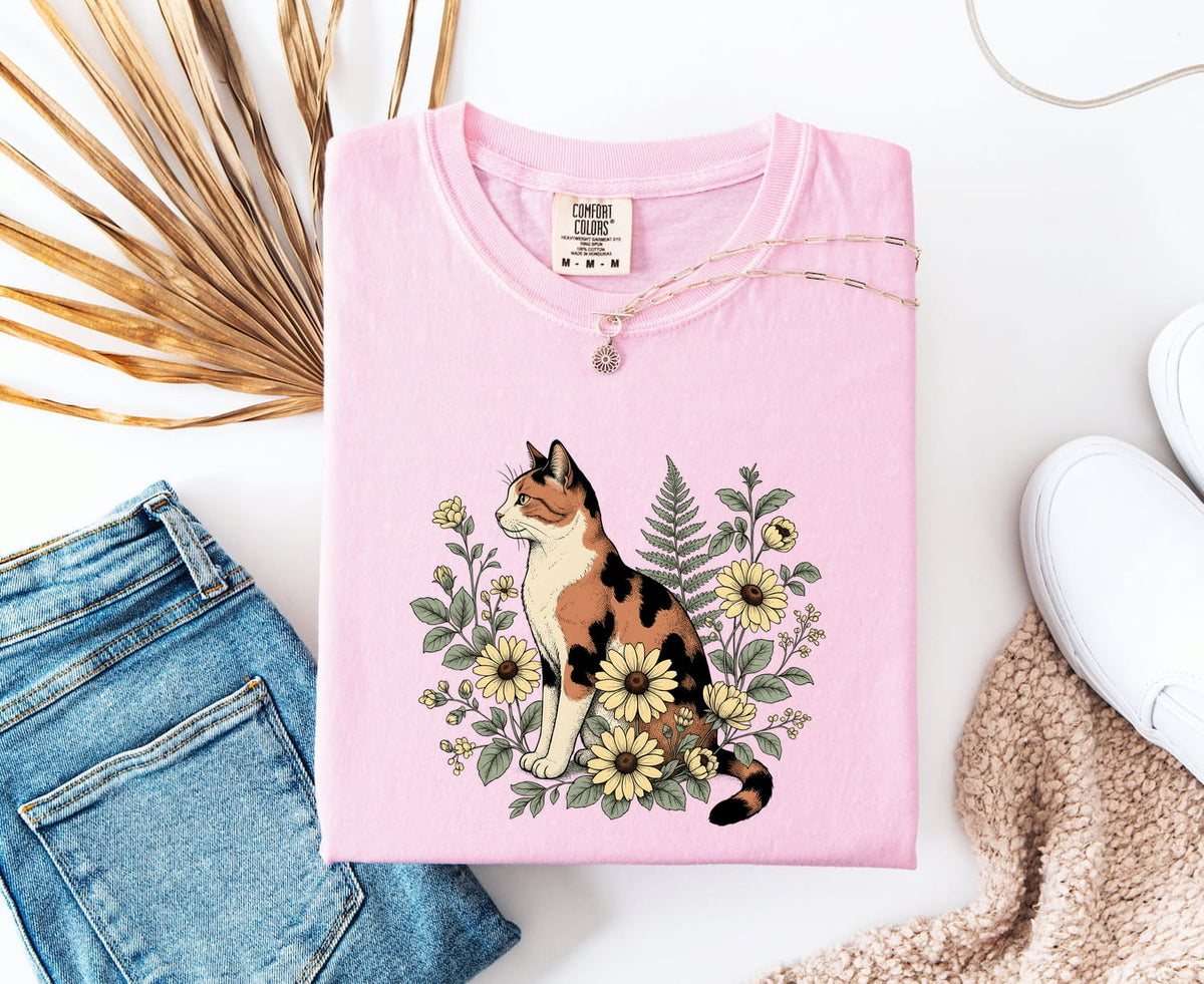 Calico Cat Floral Shirt – Cottagecore Botanical Cat Graphic Tee