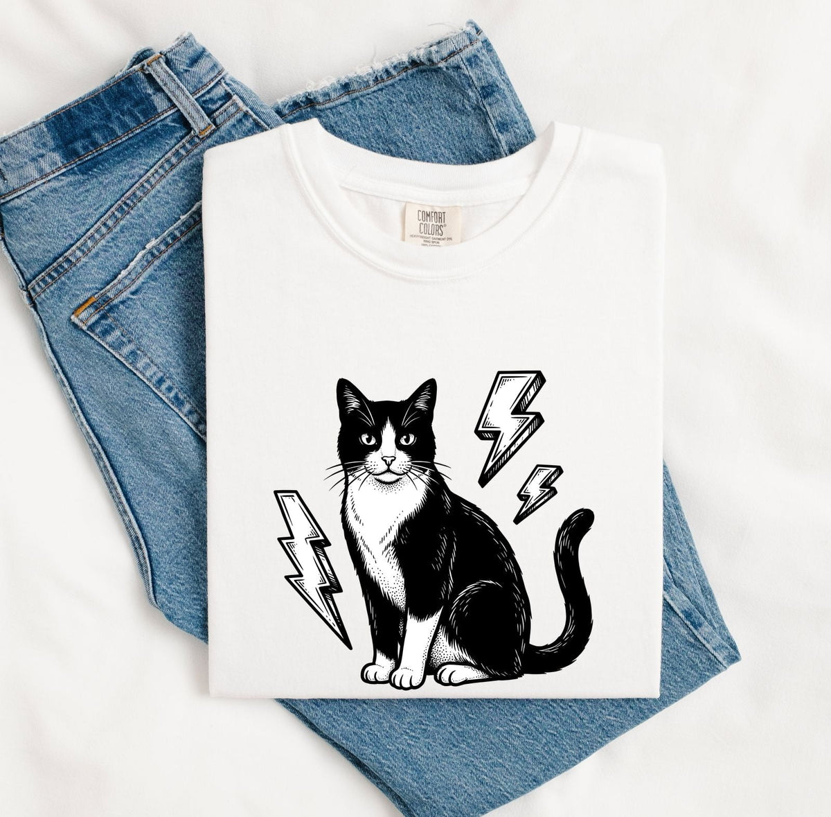 Retro Rock and Roll Tuxedo Cat Shirt – Lightning Bolt Kitten Tee