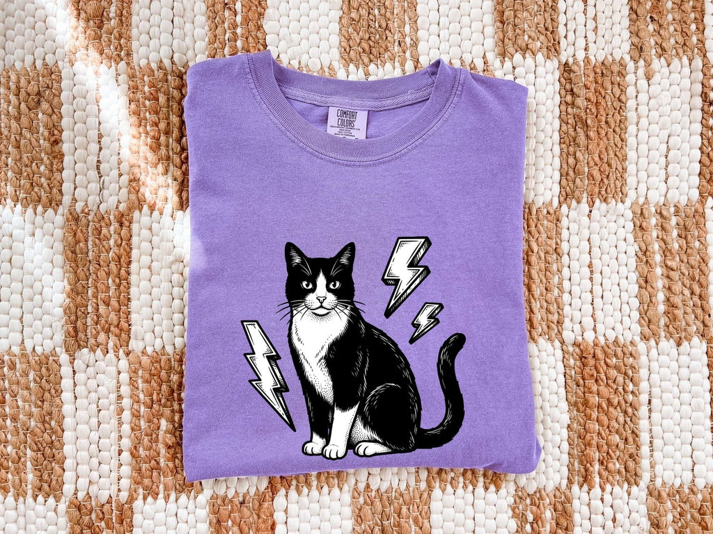 Retro Rock and Roll Tuxedo Cat Shirt – Lightning Bolt Kitten Tee