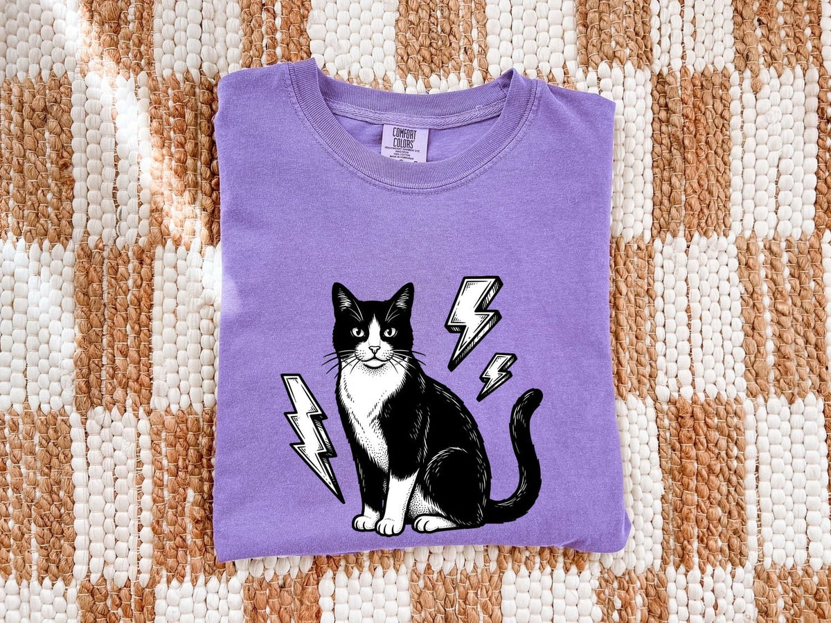 Retro Rock and Roll Tuxedo Cat Shirt – Lightning Bolt Kitten Tee