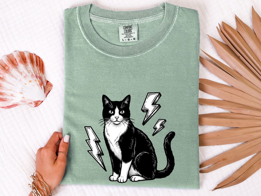 Retro Rock and Roll Tuxedo Cat Shirt – Lightning Bolt Kitten Tee