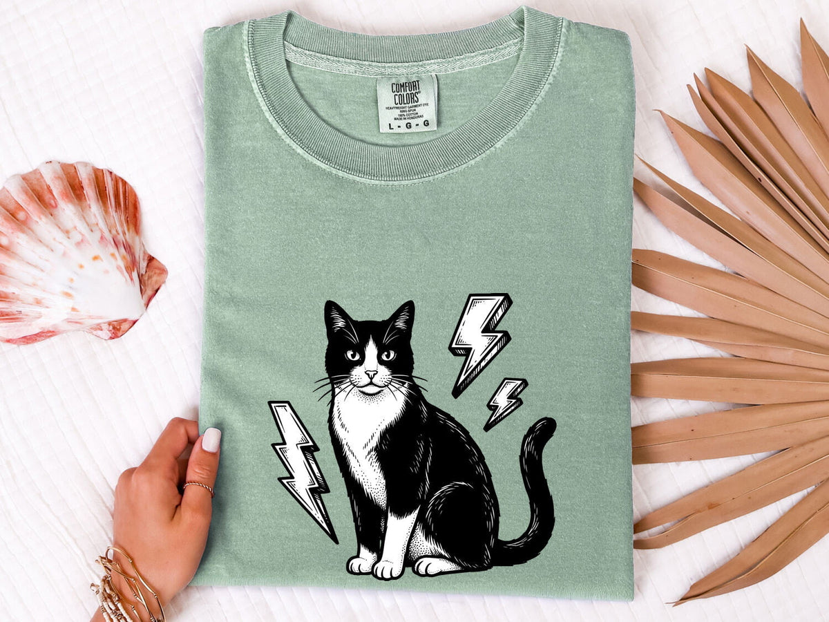 Retro Rock and Roll Tuxedo Cat Shirt – Lightning Bolt Kitten Tee