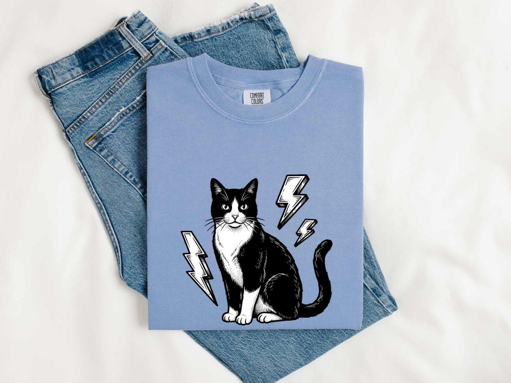 Retro Rock and Roll Tuxedo Cat Shirt – Lightning Bolt Kitten Tee