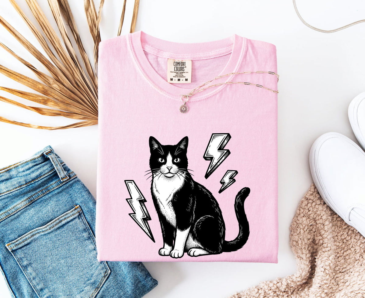 Retro Rock and Roll Tuxedo Cat Shirt – Lightning Bolt Kitten Tee