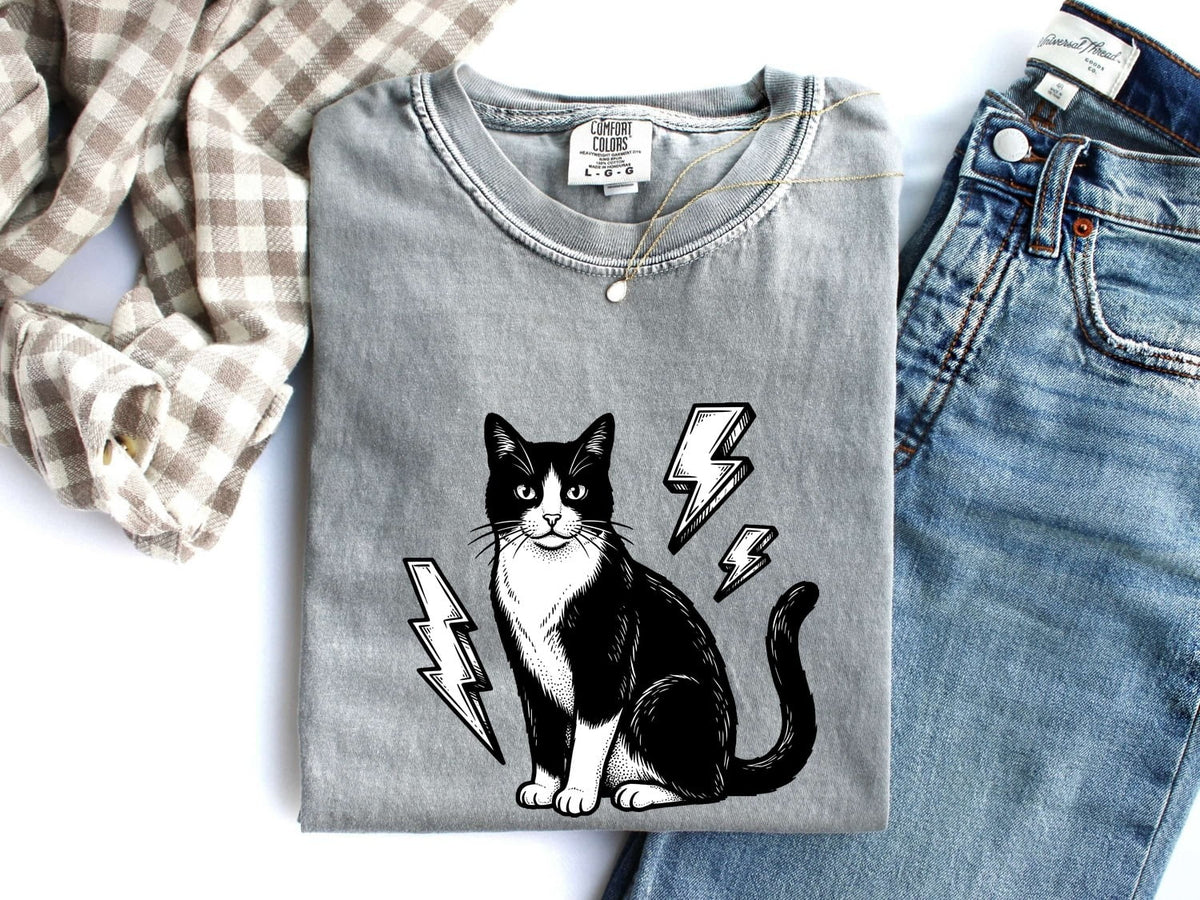 Retro Rock and Roll Tuxedo Cat Shirt – Lightning Bolt Kitten Tee