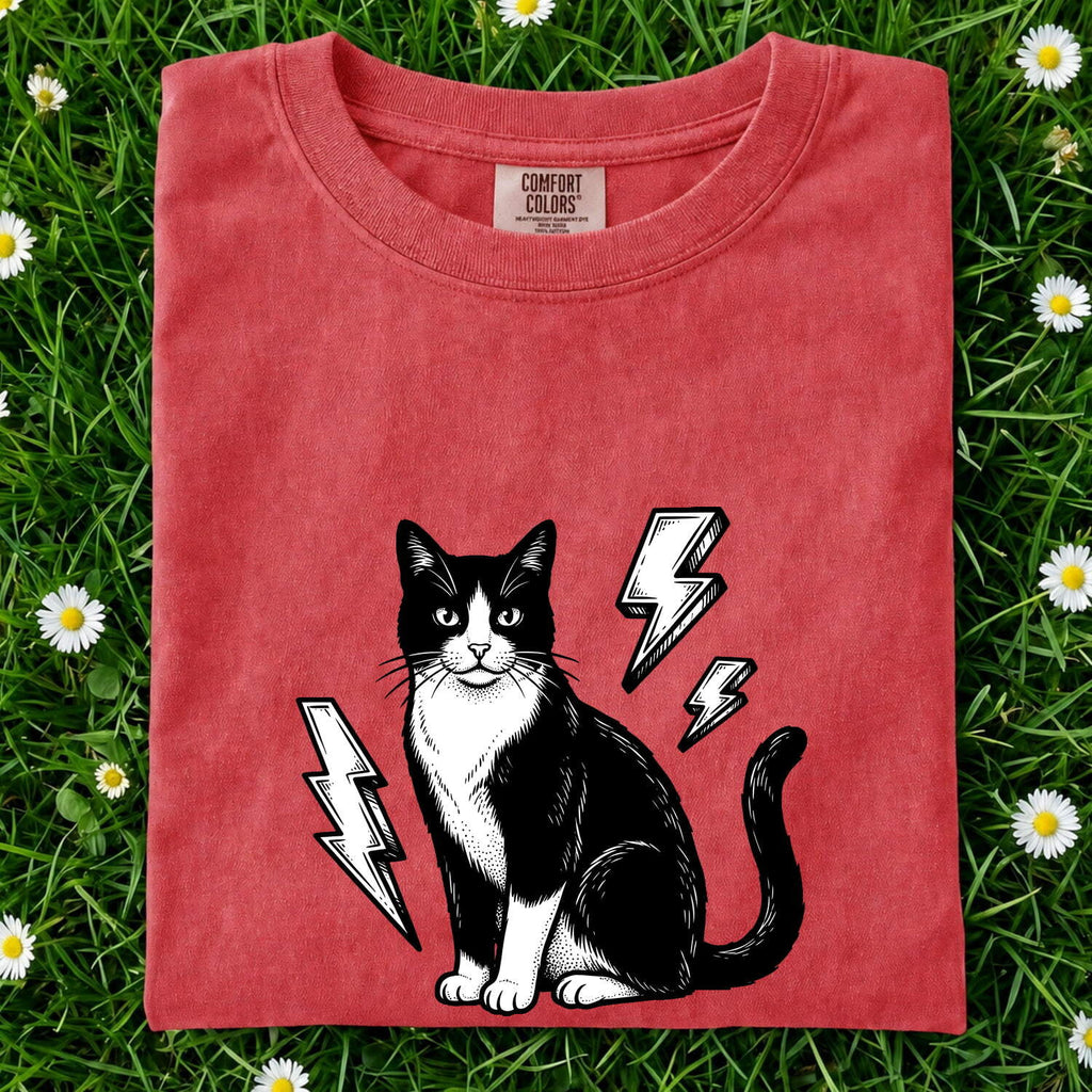 Retro Rock and Roll Tuxedo Cat Shirt – Lightning Bolt Kitten Tee