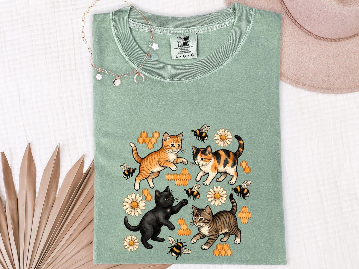 Floral Cats Graphic Tee – Playful Kittens, Daisies & Bees Shirt