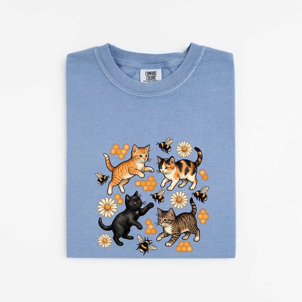 Floral Cats Graphic Tee – Playful Kittens, Daisies & Bees Shirt