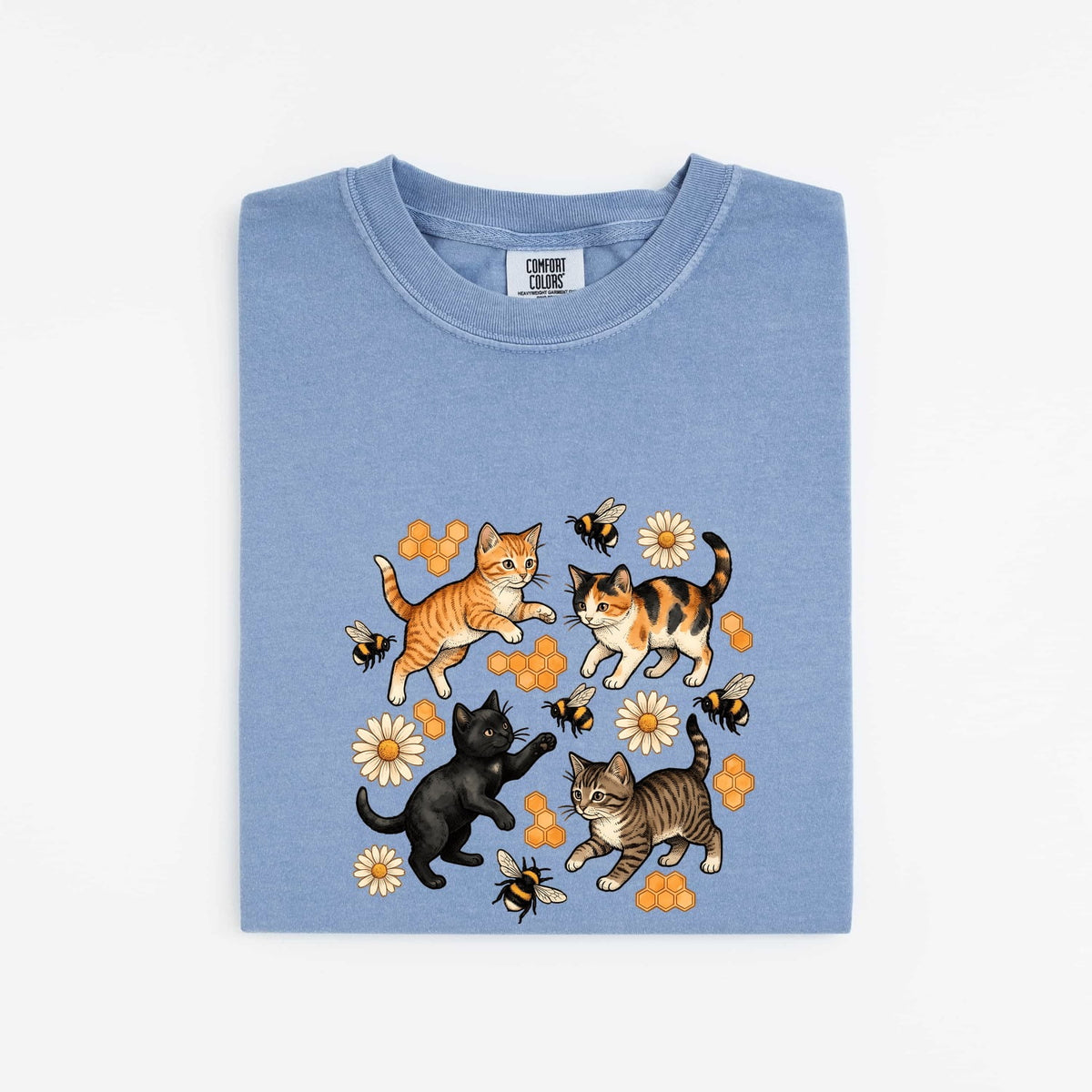 Floral Cats Graphic Tee – Playful Kittens, Daisies & Bees Shirt