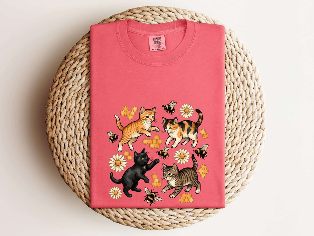 Floral Cats Graphic Tee – Playful Kittens, Daisies & Bees Shirt
