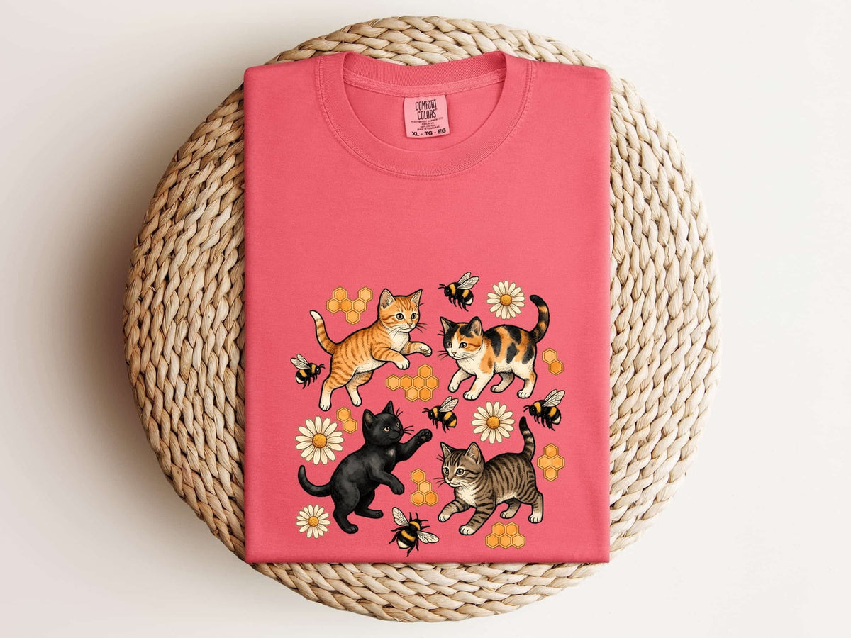 Floral Cats Graphic Tee – Playful Kittens, Daisies & Bees Shirt