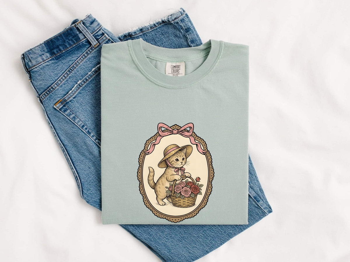 Vintage Storybook Kitten Shirt – Floral Cottagecore Cat Tee