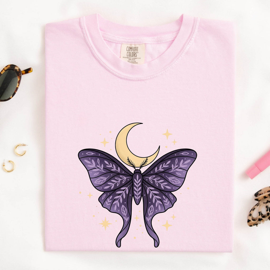 Purple Moth Moon Shirt – Celestial Crescent Moon Graphic Tee