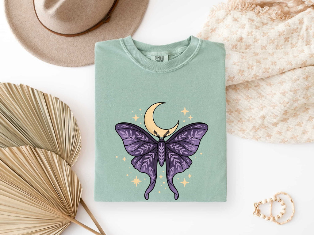 Purple Moth Moon Shirt – Celestial Crescent Moon Graphic Tee