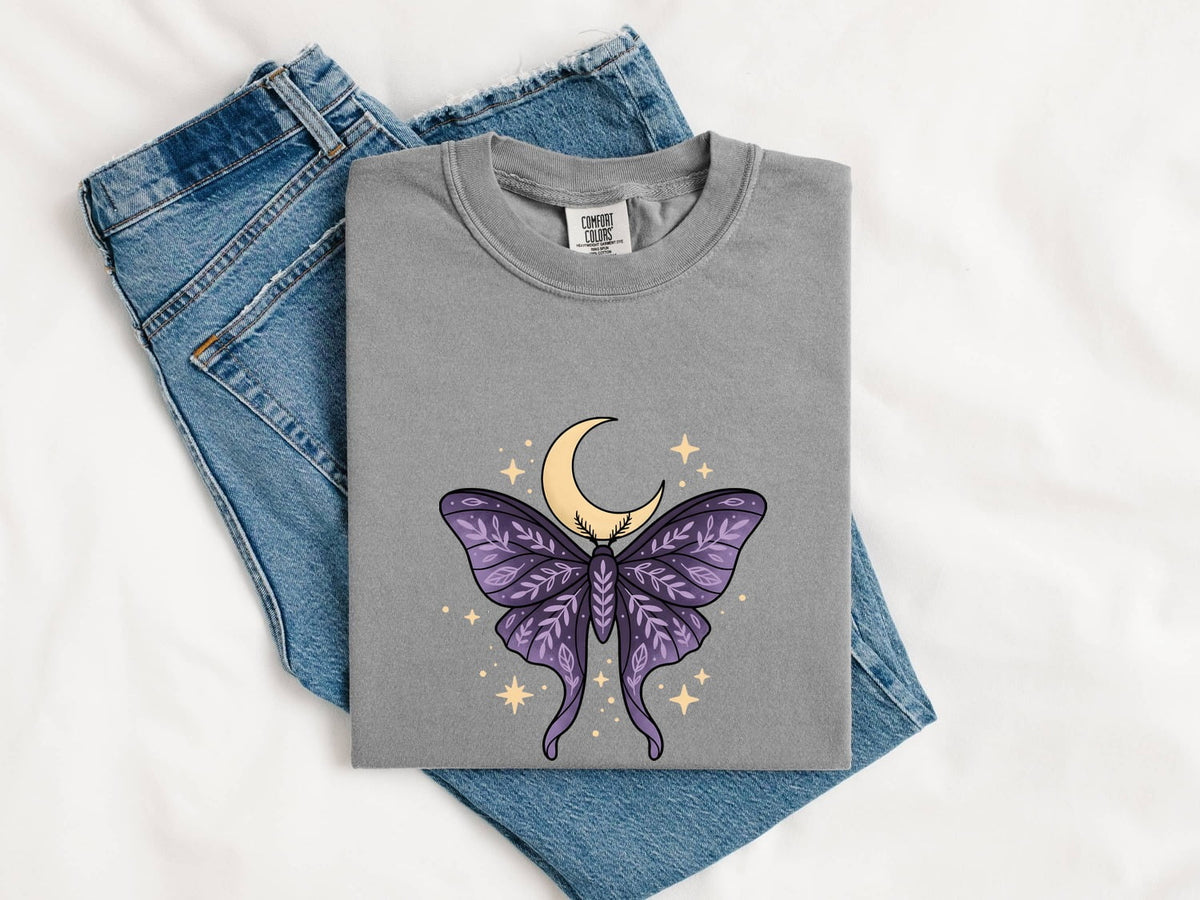 Purple Moth Moon Shirt – Celestial Crescent Moon Graphic Tee