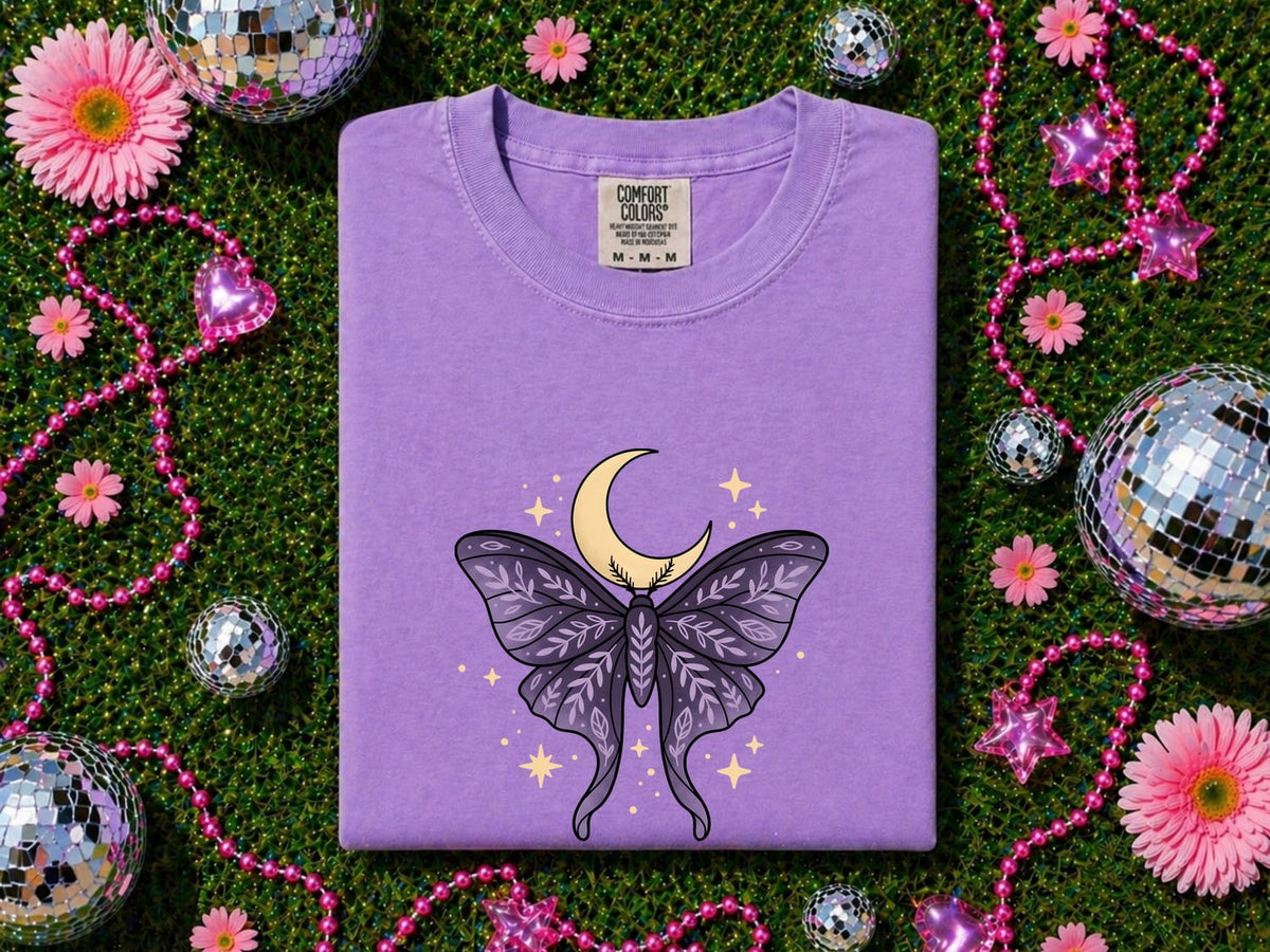 Purple Moth Moon Shirt – Celestial Crescent Moon Graphic Tee