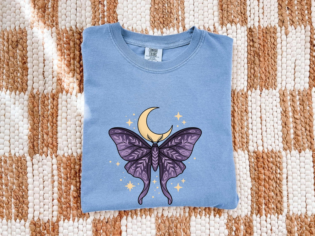 Purple Moth Moon Shirt – Celestial Crescent Moon Graphic Tee