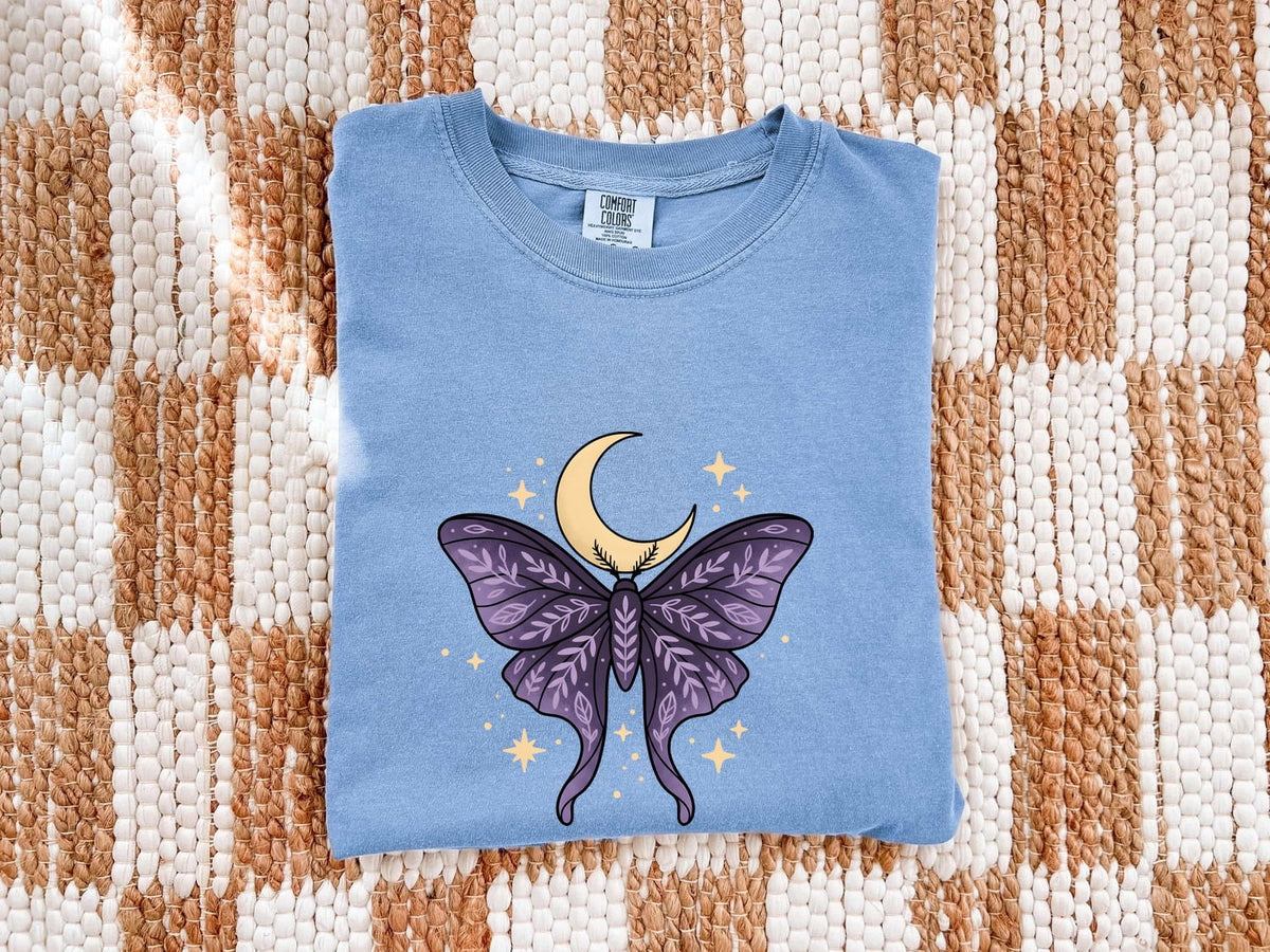 Purple Moth Moon Shirt – Celestial Crescent Moon Graphic Tee