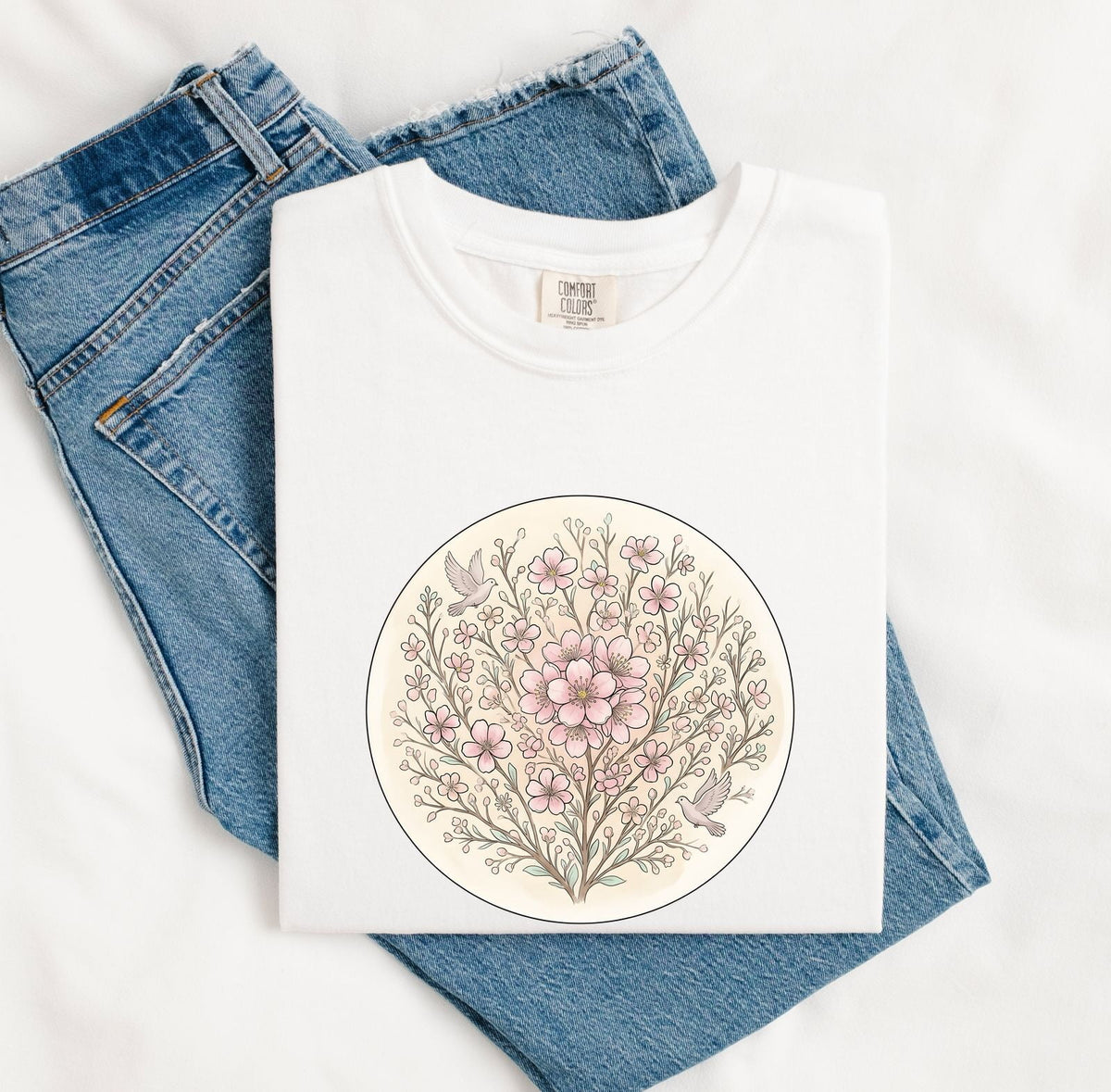 Cherry Flower Shirt Boho Chic Petal Gift Women Brush Stroke Tee Sakura T-Shirt Hippie Fan Watercolor Tshirt Floral Graphic Clean Small Bird