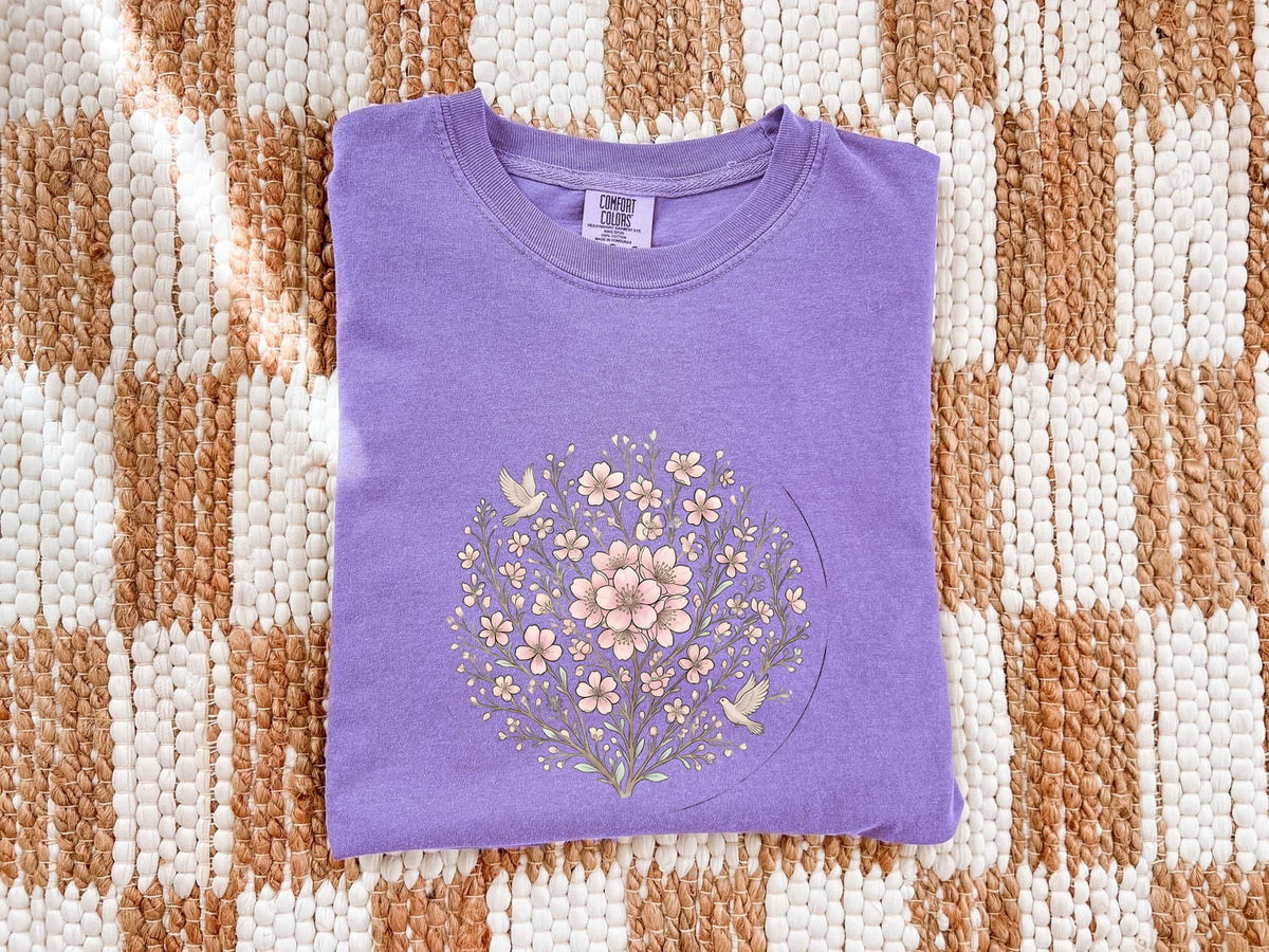 Cherry Flower Shirt Boho Chic Petal Gift Women Brush Stroke Tee Sakura T-Shirt Hippie Fan Watercolor Tshirt Floral Graphic Clean Small Bird