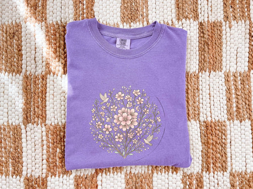 Cherry Flower Shirt Boho Chic Petal Gift Women Brush Stroke Tee Sakura T-Shirt Hippie Fan Watercolor Tshirt Floral Graphic Clean Small Bird