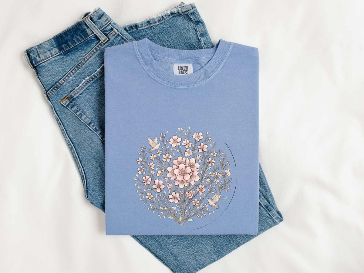 Cherry Flower Shirt Boho Chic Petal Gift Women Brush Stroke Tee Sakura T-Shirt Hippie Fan Watercolor Tshirt Floral Graphic Clean Small Bird