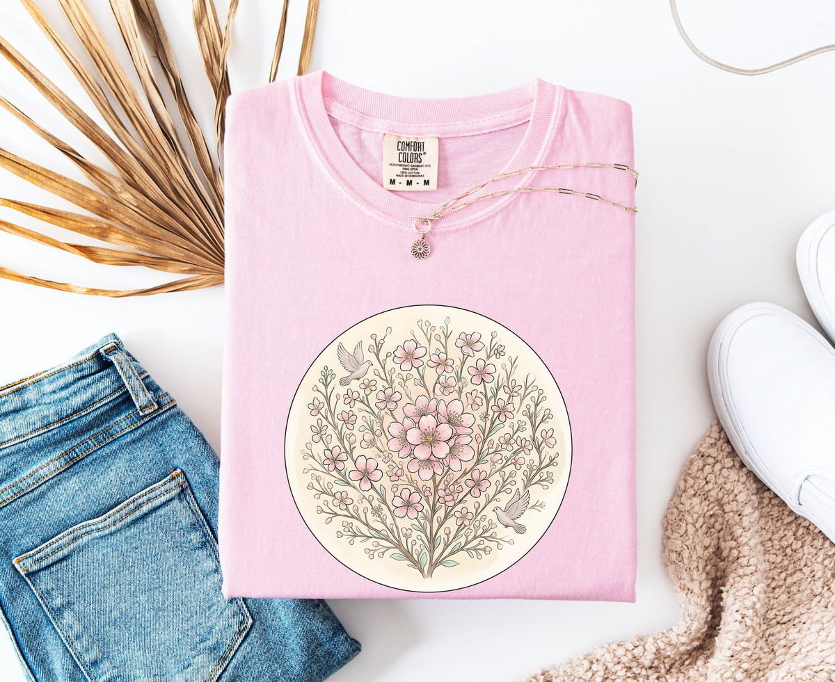 Cherry Flower Shirt Boho Chic Petal Gift Women Brush Stroke Tee Sakura T-Shirt Hippie Fan Watercolor Tshirt Floral Graphic Clean Small Bird