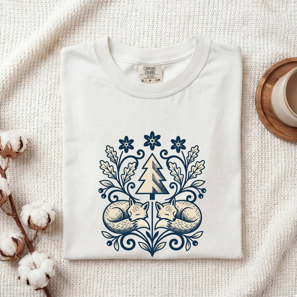 Woodland Fox Shirt, Vintage Blue Botanical Folk Art Tee