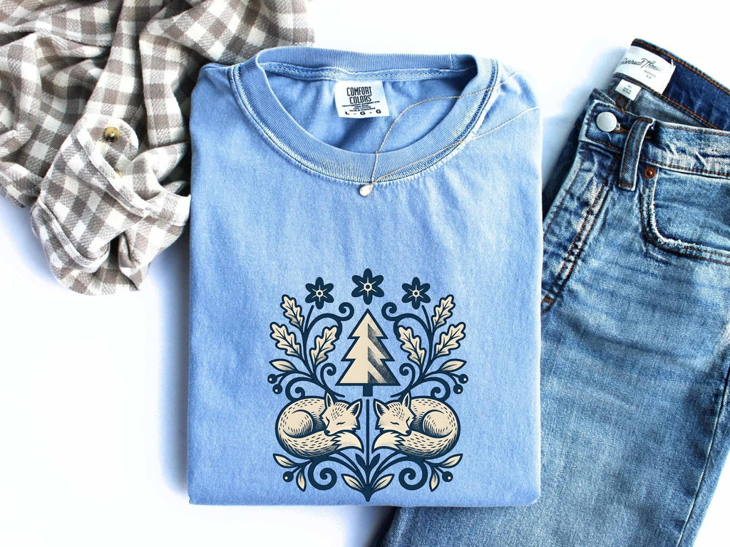 Woodland Fox Shirt, Vintage Blue Botanical Folk Art Tee
