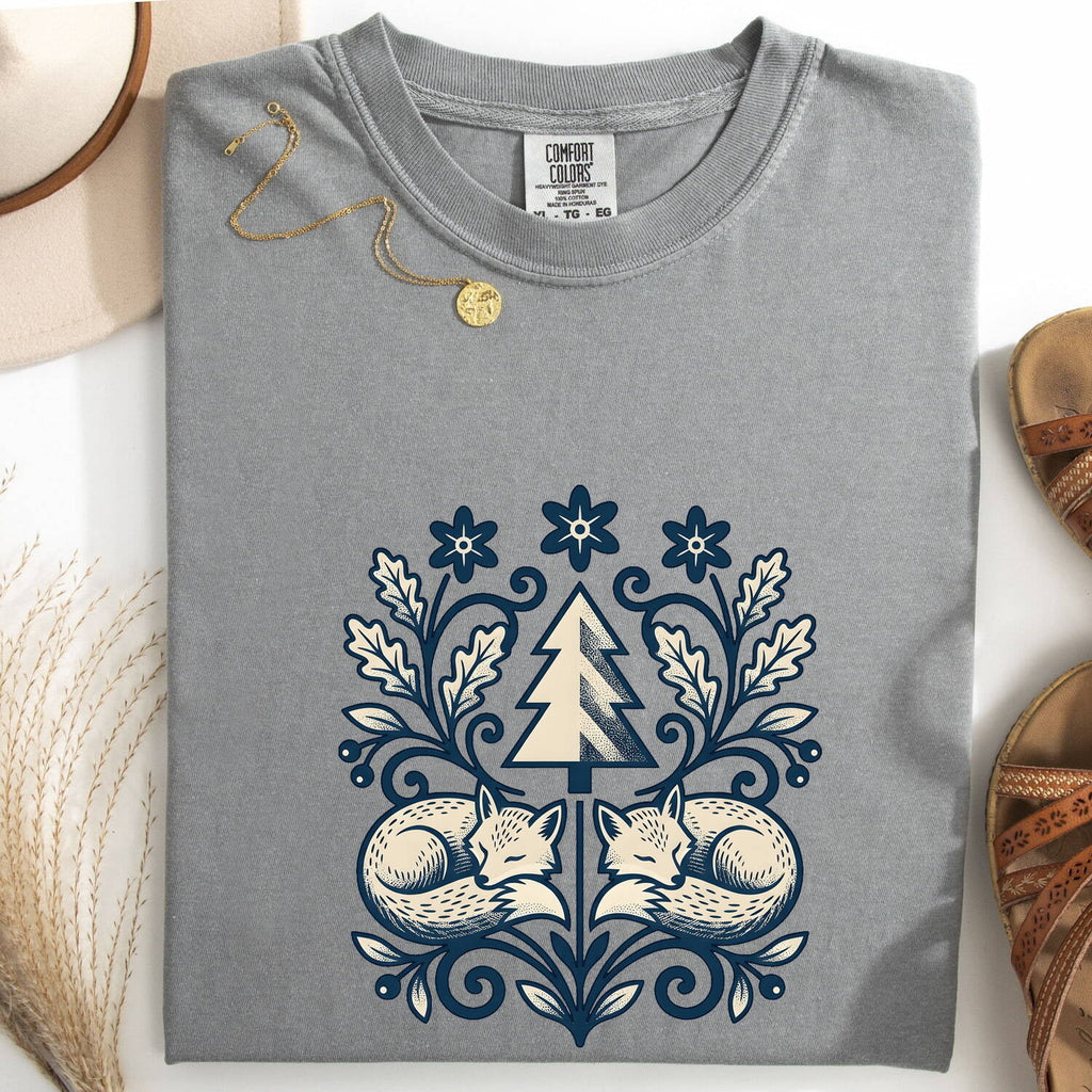 Woodland Fox Shirt, Vintage Blue Botanical Folk Art Tee