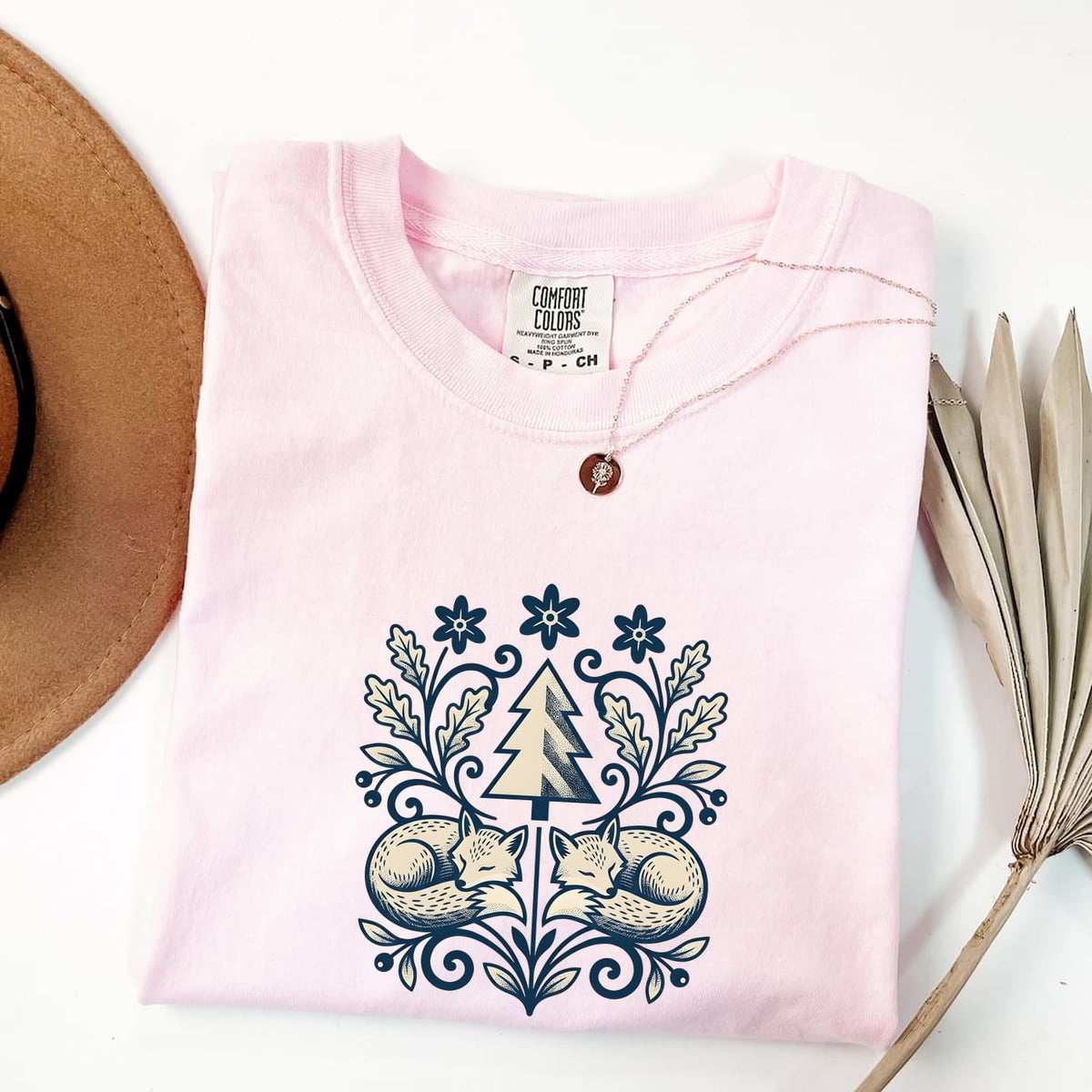 Woodland Fox Shirt, Vintage Blue Botanical Folk Art Tee