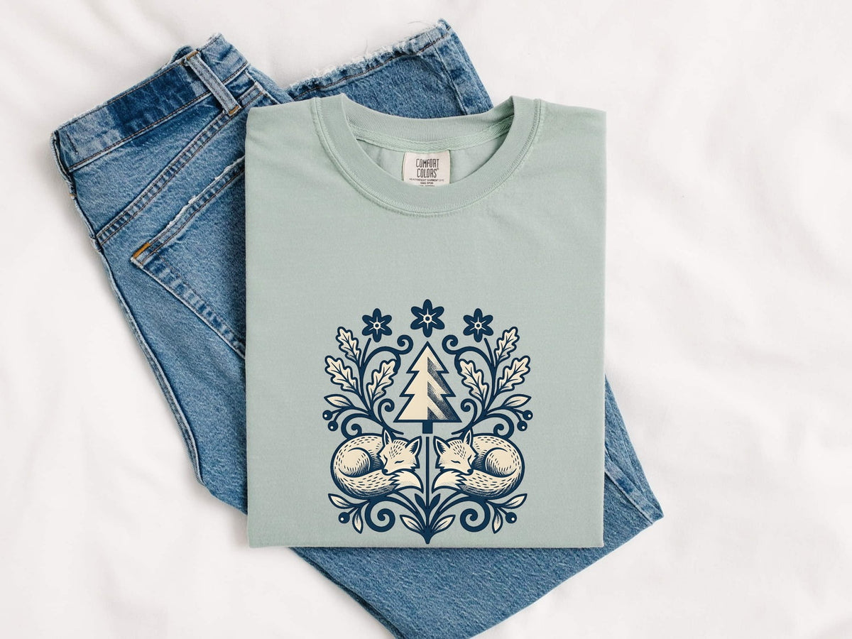 Woodland Fox Shirt, Vintage Blue Botanical Folk Art Tee