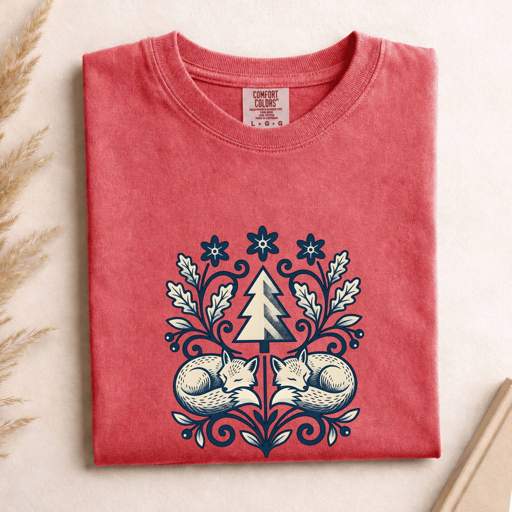 Woodland Fox Shirt, Vintage Blue Botanical Folk Art Tee