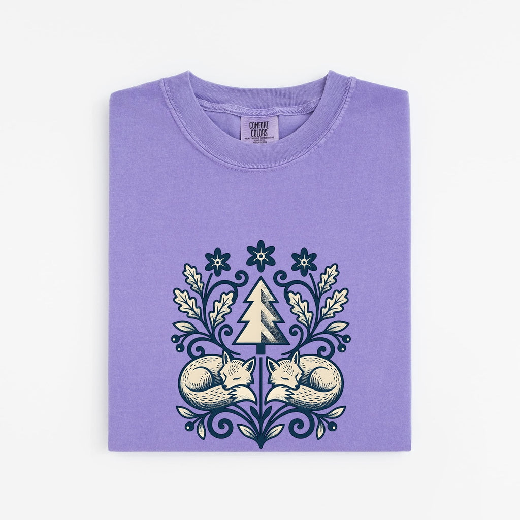 Woodland Fox Shirt, Vintage Blue Botanical Folk Art Tee