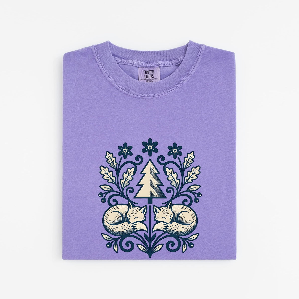Woodland Fox Shirt, Vintage Blue Botanical Folk Art Tee