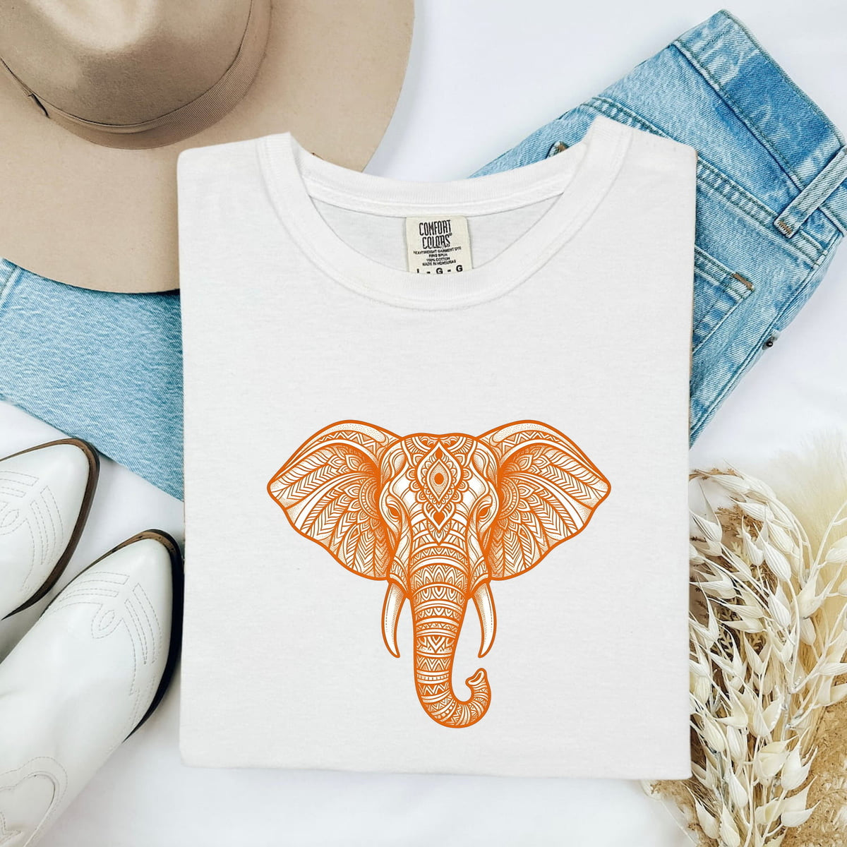 Elephant Mandala Shirt, Orange Boho Elephant Graphic Tee