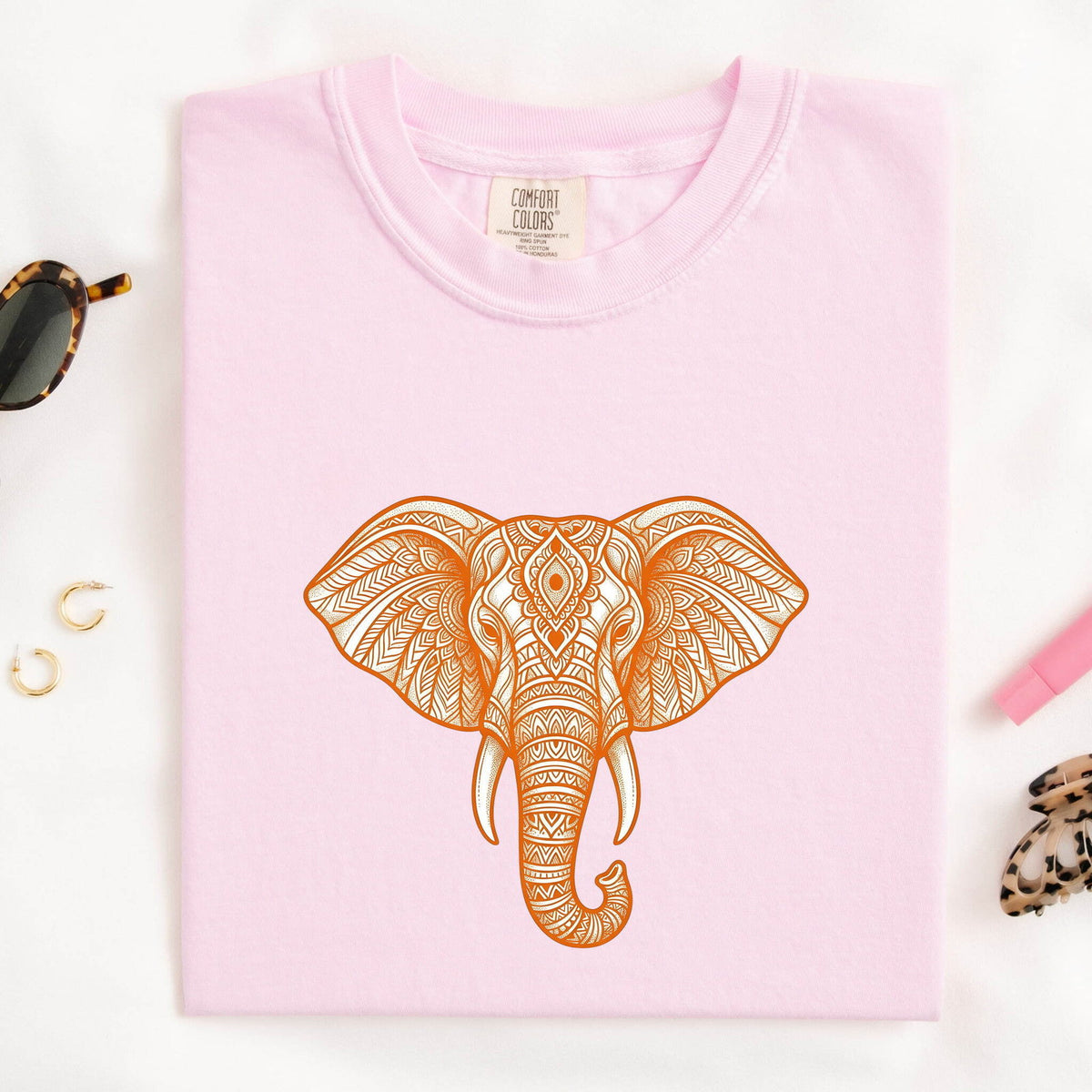 Elephant Mandala Shirt, Orange Boho Elephant Graphic Tee