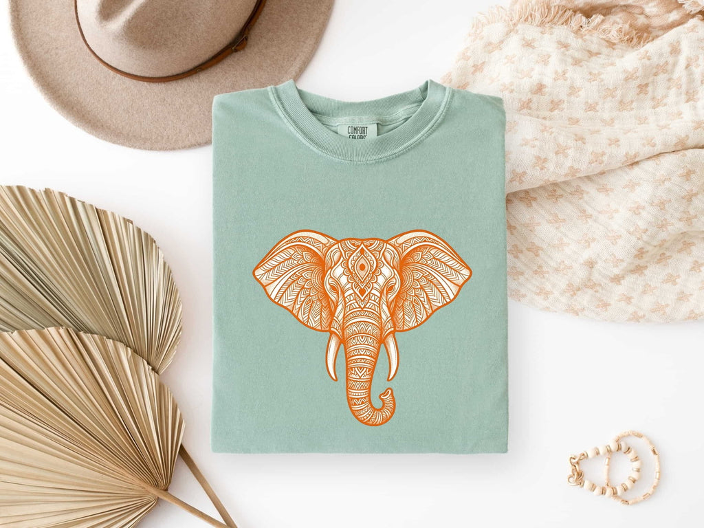 Elephant Mandala Shirt, Orange Boho Elephant Graphic Tee